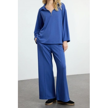 Kadın Moda Şık Regular Boy Oversize Geniş Kalıp Yumuşak Kumaşlı Polo Yaka Örme Alt-Üst Takım