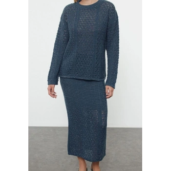 Kadın Moda Şık Regular Uzun Boy Uzun Kollu Örgü Detaylı Triko Alt-Üst Takım