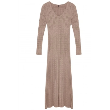 Kadın Moda Şık Maxi Boy V Yaka Regular Triko Saç Örgü Basic Elbise