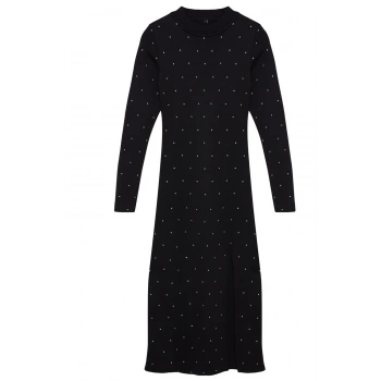 Kadın Moda Şık Midi Boy Bisiklet Yaka Regular Triko Taş İşlemeli Elbise