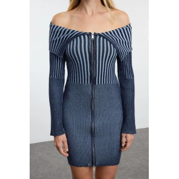 Kadın Moda Şık Mini Boy Devrik Yaka Slim Triko Premium İplik Özel İplik Yıkama Efektli Elbise