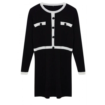 Kadın Moda Şık Mini Boy Bisiklet Yaka Regular Triko Renk Bloklu Elbise