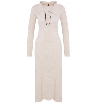 Kadın Moda Şık Midi Boy Polo Yaka Regular Triko Çizgili Biye Detaylı Elbise