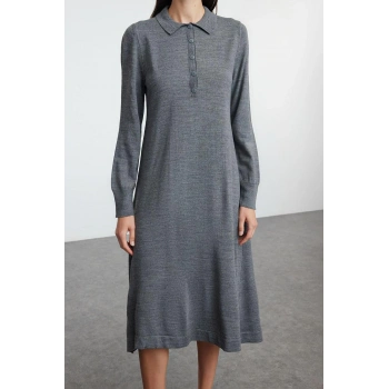 Kadın Moda Şık Midi Boy Polo Yaka Regular Triko Elbise