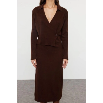 Kadın Moda Şık Midi Boy Kruvaze Regular Triko Düz Elbise