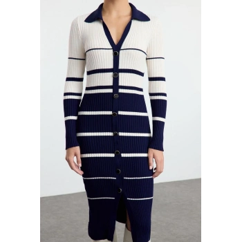 Kadın Moda Şık Midi Boy Polo Yaka Slim Triko Renk Bloklu Çizgili Elbise