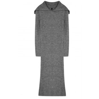 Kadın Moda Şık Midi Boy Carmen Yaka Regular Triko Yumuşak Dokulu Devrik Yaka Elbise