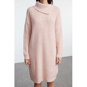 Kadın Moda Şık Mini Boy Devrik Yaka Regular Triko Yumuşak Dokulu Elbise