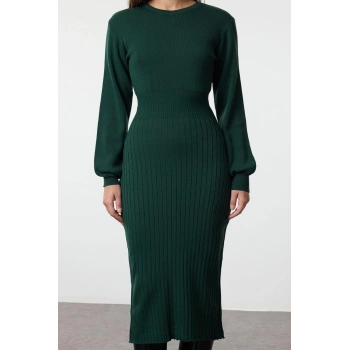 Kadın Moda Şık Midi Boy Bisiklet Yaka Regular Koyu Triko A-Line Formda Elbise