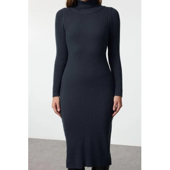 Kadın Moda Şık Midi Boy Balıkçı Yaka Regular Triko Basic Elbise