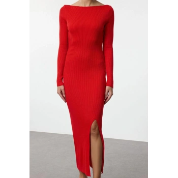 Kadın Moda Şık Maxi Boy Bisiklet Yaka Regular Triko Sırt Dekolteli Elbise