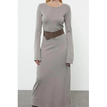 Kadın Moda Şık Maxi Boy Bisiklet Yaka Regular Triko Kemerli Elbise