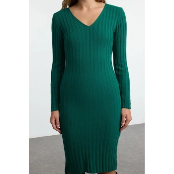 Kadın Moda Şık Midi Boy V Yaka Regular Triko Basic Elbise