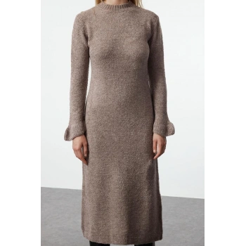 Kadın Moda Şık Midi Boy Bisiklet Yaka Regular Triko Buklet Elbise