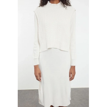 Kadın Moda Şık Midi Boy Dik Yaka Regular Triko Kazak-Elbise Takım