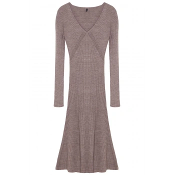 Kadın Moda Şık Midi Boy V Yaka Regular Triko Etek Ucu Fırfırlı Elbise