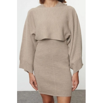 Kadın Moda Şık Mini Boy Bisiklet Yaka Slim Triko Bolero-Elbise Takım