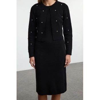 Kadın Moda Şık Midi Boy Bisiklet Yaka Slim Triko Taş İşlemeli Hırka-Elbise Takım