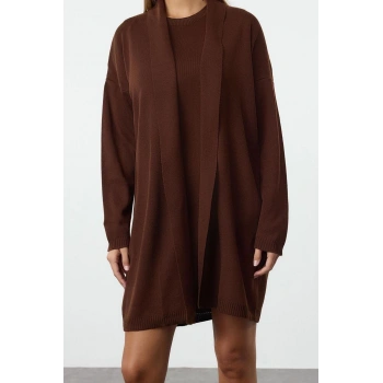 Kadın Moda Şık Mini Boy Bisiklet Yaka Regular Triko Elbise-Hırka