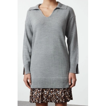 Kadın Moda Şık Mini Boy Polo Yaka Regular Triko Garnili Elbise