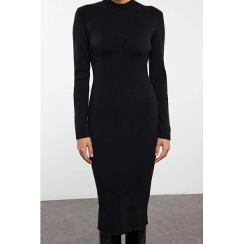 Kadın Moda Şık Midi Boy Dik Yaka Slim Triko Korse Detaylı Yumuşak Dokulu Elbise