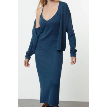 Kadın Moda Şık Midi Boy V Yaka Slim Triko Premium İplik Özel İplik Hırka-Elbise Takım