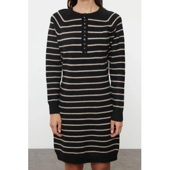 Kadın Moda Şık Mini Boy Bisiklet Yaka Regular Çizgili Triko Yumuşak Dokulu Elbise