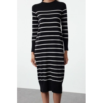 Kadın Moda Şık Midi Boy Bisiklet Yaka Regular Premium İplik Özel İplik Triko Basic Çizgili Elbise