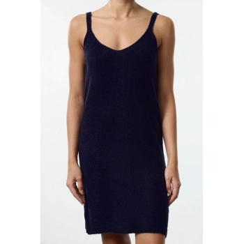 Kadın Moda Şık Mini Boy Havuz Yaka Regular Triko Yumuşak Dokulu Askılı Elbise