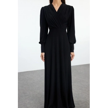 Kadın Moda Şık Maxi Boy Kruvaze Regular Düz Örme Elbise