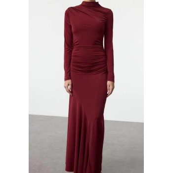 Kadın Moda Şık Maxi Boy Dik Yaka Slim Fitted Vücuda Oturan Uzun Kollu Esnek Örme Elbise