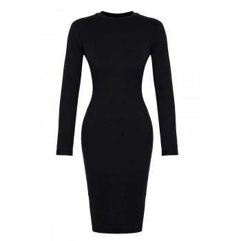 Kadın Moda Şık Midi Boy Dik Yaka Slim Fitted Vücuda Oturan Uzun Kollu Fitilli Esnek Örme Elbise