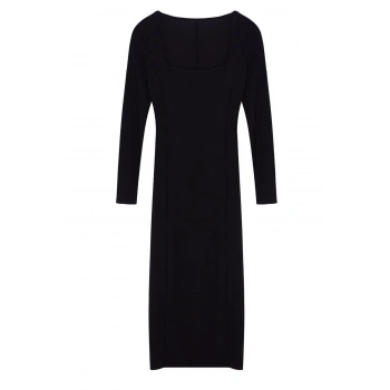 Kadın Moda Şık Midi Boy Kare Yaka Fitted Düz Bodycone Vücuda Oturan Esnek Örme Elbise