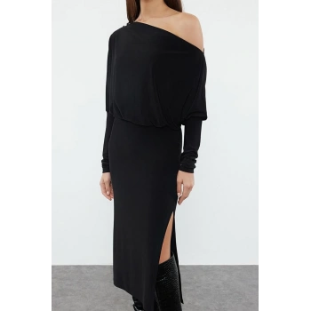 Kadın Moda Şık Midi Boy Asimetrik Yaka Slim Düz Asimetrik Tek Kol Belden Oturtmalı Esnek Örme Elbise