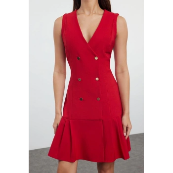 Kadın Moda Şık Mini Boy Ceket Yaka Regular Pilise Detaylı Dokuma Ceket Elbise