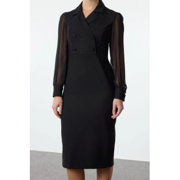 Kadın Moda Şık Midi Boy Ceket Yaka Regular Vücudu Saran Şifon Kol Detaylı Dokuma Elbise