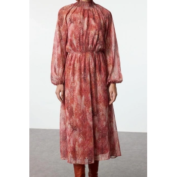 Kadın Moda Şık Midi Boy Dik Yaka Regular Şal Desen Gipeli Astarlı Dokuma Kışlık Elbise