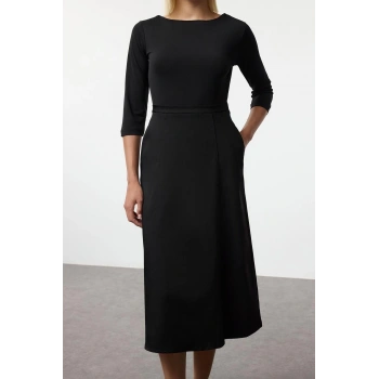 Kadın Moda Şık Midi Boy Bisiklet Yaka Regular Belden Açılan Kumaş Mixli Dokuma Elbise