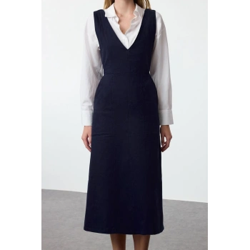 Kadın Moda Şık Midi Boy V Yaka Regular Jile Dokuma Elbise