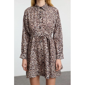 Kadın Moda Şık Mini Boy Gömlek Yaka Regular Kahverengi001 Çizgili Dokuma Elbise