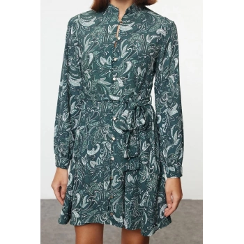 Kadın Moda Şık Mini Boy Gömlek Yaka Regular Kuşaklı Şal Desen Astarlı Dokuma Gömlek Elbise