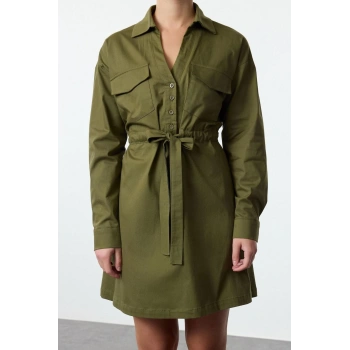 Kadın Moda Şık Mini Boy Gömlek Yaka Regular Belden Açılan Tünel Detaylı Pamuklu Dokuma Elbise