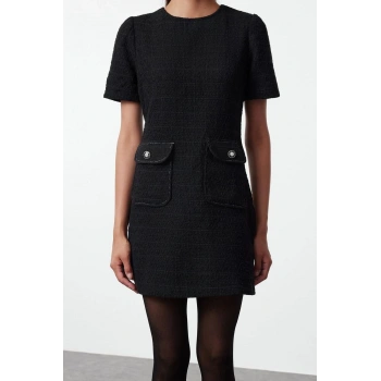Kadın Moda Şık Mini Boy Bisiklet Yaka Regular A Kesim Cep Detaylı Dokuma Elbise