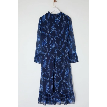 Kadın Moda Midi Boy Dik Yaka Regular Mavi Çiçek Desenli A Kesim Astarlı Şifon Dokuma Kışlık Elbise