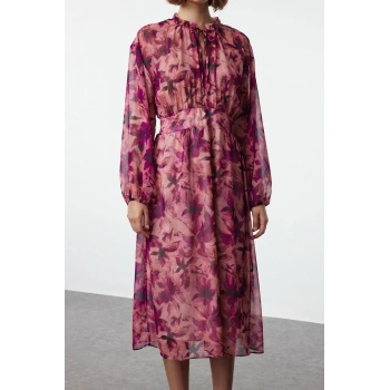 Kadın Midi Boy Bisiklet Yaka Regular Animal Desenli Eteği Belden Açılan Astarlı Dokuma Kışlık Elbise