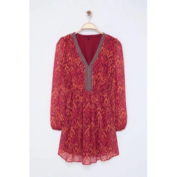 Kadın Moda Şık Mini Boy V Yaka Regular Çiçekli Dokuma Elbise