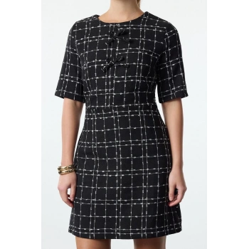 Kadın Moda Şık Mini Boy Bisiklet Yaka Regular Kareli A Kesim Fiyonk Detaylı Dokuma Tüvit Elbise