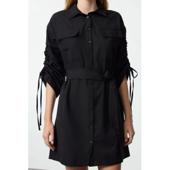 Kadın Moda Şık Mini Boy Gömlek Yaka Regular Cep ve Büzgü Detaylı Dokuma Gömlek Elbise