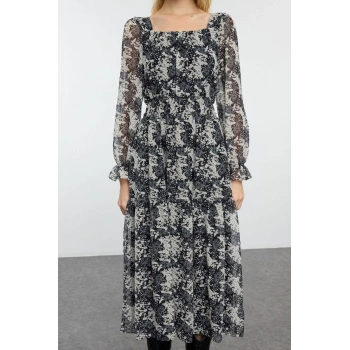 Kadın Moda Maxi Boy Kare Yaka Regular Çiçek Desenli Skater Belden Açılan Dokuma Şifon Astarlı Elbise