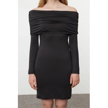 Kadın Mini Boy Carmen Yaka Slim Soft Touch Yumuşak Kumaşlı Fitted Vücuda Oturan Esnek Örme Elbise